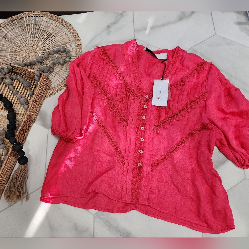[ IRO] brand- NEW with tags-  hot coral pink- POYRA- flowy button up lacy blouse